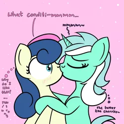 Size: 2000x2000 | Tagged: safe, artist:dafiltafish, derpibooru import, bon bon, lyra heartstrings, sweetie drops, oc, oc:hedone, earth pony, pony, unicorn, comic:day by day, blushing, dialogue, female, image, kissing, lesbian, lyrabon, png, shapeshifter, shipping, surprise kiss, thoughts