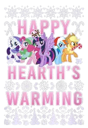 Size: 550x800 | Tagged: safe, derpibooru import, official, applejack, pinkie pie, rainbow dash, rarity, twilight sparkle, twilight sparkle (alicorn), alicorn, earth pony, pegasus, pony, unicorn, antlers, applejack's hat, christmas, clothes, coat, cowboy hat, design, female, g4, hat, hearth's warming, holiday, image, mare, merchandise, png, santa hat, shirt design, simple background, snow, snowflake, sweater, text, transparent background