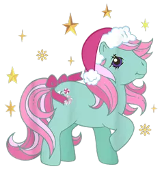 Size: 900x950 | Tagged: safe, derpibooru import, official, minty, earth pony, pony, christmas, design, female, g3, hat, holiday, image, mare, merchandise, png, santa hat, shirt design, simple background, snow, snowflake, solo, stars, transparent background