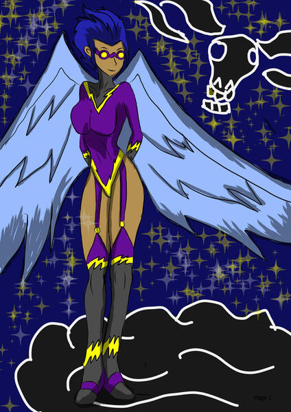 Size: 1240x1754 | Tagged: safe, artist:foxgearstudios, derpibooru import, nightshade, human, clothes, cloud, costume, dark skin, female, goggles, humanized, image, jpeg, night, on a cloud, shadowbolts, shadowbolts costume, solo, stars, winged humanization, wings