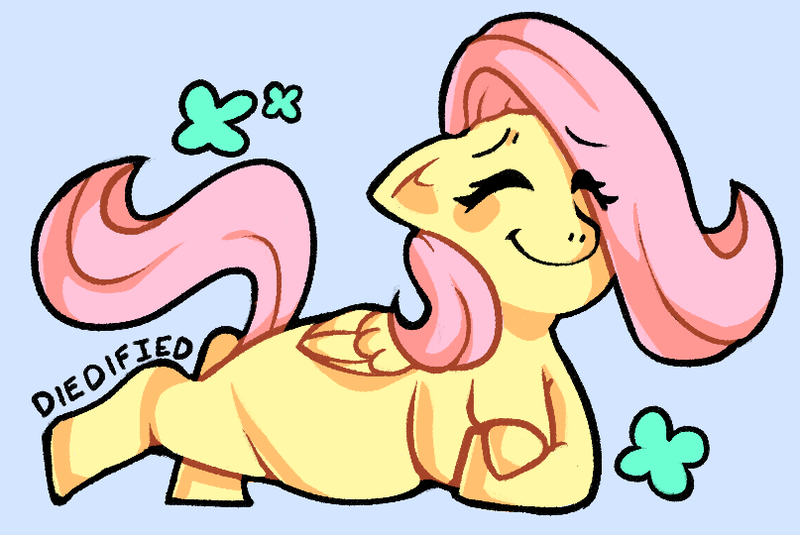 Size: 807x540 | Tagged: safe, artist:diedified, derpibooru import, fluttershy, pegasus, pony, eye clipping through hair, eyes closed, female, heart, image, lying down, mare, missing cutie mark, png, prone, simple background, smiling, solo