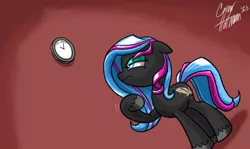 Size: 1700x1012 | Tagged: safe, artist:ceehoff, derpibooru import, oc, oc:scribbler, unofficial characters only, earth pony, pony, clock, earth pony oc, female, frown, grump, image, jpeg, looking up, mare, signature, solo, unshorn fetlocks