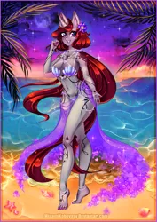 Size: 2893x4092 | Tagged: suggestive, alternate version, artist:minamikoboyasy, derpibooru import, oc, oc:selune darkeye, unofficial characters only, anthro, plantigrade anthro, starfish, unicorn, anthro oc, bare shoulders, barefoot, beach, beautiful, belly button, belly piercing, body markings, bra, bracelet, breasts, busty oc, cleavage, clothes, commission, conch, cute, cutie mark, feet, female, flower, flower in hair, foot jewelry, hair bobble, hair twirl, happy, holiday, horn, image, jewelry, long hair, looking at you, midriff, moon, necklace, palm tree, pearl bracelet, pearl necklace, piercing, png, sarong, seashell, seashell bra, sexy, smiling, smiling at you, solo, solo female, sparkles, stars, summer, sunset, swimsuit, tail, toes, tree, underwear, unicorn oc, water lily, wide hips