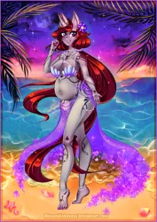 Size: 2893x4092 | Tagged: suggestive, alternate version, artist:minamikoboyasy, derpibooru import, oc, oc:selune darkeye, unofficial characters only, anthro, plantigrade anthro, starfish, unicorn, anthro oc, bare shoulders, barefoot, beach, beautiful, belly button, body markings, bra, bracelet, breasts, busty oc, cleavage, clothes, commission, conch, cute, cutie mark, feet, female, flower, flower in hair, foot jewelry, hair bobble, hair twirl, happy, holiday, horn, image, jewelry, long hair, looking at you, midriff, milf, moon, necklace, outie, palm tree, pearl bracelet, pearl necklace, png, pregnant, sarong, seashell, seashell bra, sexy, smiling, smiling at you, solo, solo female, sparkles, stars, summer, sunset, swimsuit, tail, toes, tree, underwear, unicorn oc, water lily, wide hips