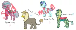 Size: 1600x637 | Tagged: safe, artist:ukulelepineapplecat, derpibooru import, oc, unofficial characters only, hybrid, pony, zebra, image, interspecies offspring, magical gay spawn, magical lesbian spawn, male, offspring, parent:bon bon, parent:donut joe, parent:lyra heartstrings, parent:pinkie pie, parent:queen chrysalis, parent:thorax, parent:zecora, parents:lyrabon, png, stallion, zebra oc