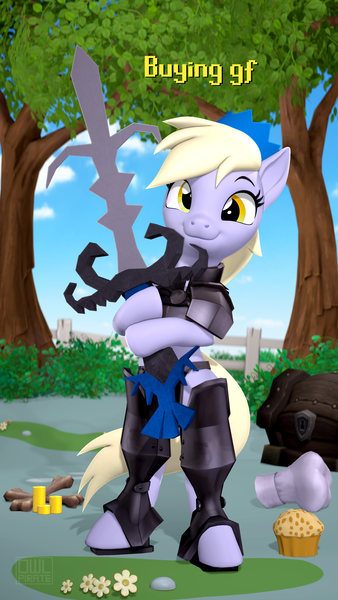 Size: 2160x3840 | Tagged: safe, artist:owlpirate, derpibooru import, derpy hooves, pegasus, pony, semi-anthro, 3d, armor, bipedal, female, food, greatsword, high res, image, looking at you, mare, muffin, png, smiling, smiling at you, solo, source filmmaker, sword, weapon