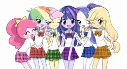 Size: 2474x1349 | Tagged: safe, artist:glitterrrrr, derpibooru import, applejack, fluttershy, pinkie pie, rainbow dash, rarity, twilight sparkle, blushing, clothes, cute, dashabetes, diapinkes, eyes closed, hand on hip, hug, image, jackabetes, jpeg, mane six, one eye closed, open mouth, raribetes, school uniform, shyabetes, simple background, twiabetes, white background