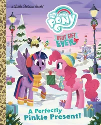 Size: 1679x2083 | Tagged: safe, artist:glenn thomas, derpibooru import, official, alice the reindeer, pinkie pie, twilight sparkle, twilight sparkle (alicorn), alicorn, deer, earth pony, pony, reindeer, yak, best gift ever, a perfectly pinkie present, beanie, book, book cover, clothes, cover, earmuffs, female, g4, hat, image, jpeg, lamp post, little golden book, mare, my little pony logo, present, scarf, text, tree, twilight's castle, wreath