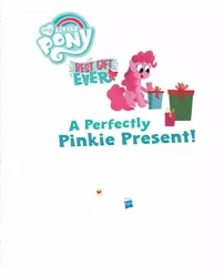 Size: 1188x1472 | Tagged: safe, artist:glenn thomas, derpibooru import, official, pinkie pie, earth pony, pony, best gift ever, a perfectly pinkie present, book, female, g4, hasbro logo, image, jpeg, little golden book, mare, my little pony logo, present, solo, text