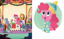 Size: 2375x1473 | Tagged: safe, artist:glenn thomas, derpibooru import, official, limestone pie, marble pie, maud pie, pinkie pie, earth pony, pony, best gift ever, a perfectly pinkie present, beanie, book, clothes, female, g4, hat, image, jpeg, little golden book, mare, scarf, siblings, sisters