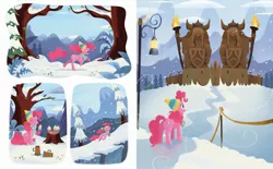 Size: 2375x1473 | Tagged: safe, artist:glenn thomas, derpibooru import, official, pinkie pie, earth pony, pony, best gift ever, a perfectly pinkie present, book, clothes, cupcake, female, fire, food, g4, image, jpeg, lamp, little golden book, mare, scarf, snow, solo, statue, tree, tree stump, winter, winter hat, winter outfit, yakyakistan