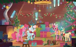 Size: 2375x1473 | Tagged: safe, artist:glenn thomas, derpibooru import, official, alice the reindeer, aurora the reindeer, bori the reindeer, pinkie pie, deer, earth pony, pony, reindeer, best gift ever, a perfectly pinkie present, book, christmas, christmas tree, clothes, female, g4, holiday, image, jpeg, little golden book, mare, present, scarf, tree, winter hat, winter outfit