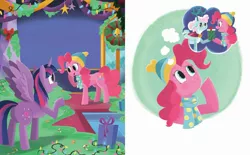 Size: 2375x1473 | Tagged: safe, artist:glenn thomas, derpibooru import, official, aurora the reindeer, pinkie pie, twilight sparkle, twilight sparkle (alicorn), alicorn, deer, earth pony, pony, reindeer, best gift ever, a perfectly pinkie present, book, clothes, duo, duo female, female, food, g4, hat, image, jpeg, little golden book, mare, present, pudding, puddinghead's pudding, scarf, thinking, thought bubble, winter hat, winter outfit