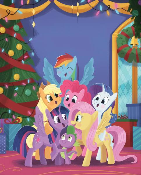 Size: 1188x1472 | Tagged: safe, artist:glenn thomas, derpibooru import, official, applejack, fluttershy, pinkie pie, rainbow dash, rarity, spike, twilight sparkle, twilight sparkle (alicorn), alicorn, dragon, earth pony, pegasus, pony, unicorn, best gift ever, a perfectly pinkie present, applejack's hat, bell, book, christmas, christmas tree, cowboy hat, female, g4, hat, holiday, image, jpeg, little golden book, mane seven, mane six, mare, tree, wreath