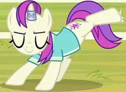Size: 520x381 | Tagged: safe, derpibooru import, screencap, asteria, pony, unicorn, 2 4 6 greaaat, season 9, spoiler:s09, clothes, cropped, eyes closed, female, horn, horn ring, image, jewelry, kicking, mare, png, raised leg, ring, solo