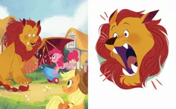 Size: 2375x1473 | Tagged: safe, artist:zoe persico, derpibooru import, official, applejack, manny roar, pinkie pie, big cat, earth pony, lion, manticore, pony, fluttershy's ferocious friend!, applejack's hat, book, cowboy hat, female, g4, hat, image, jpeg, little golden book, male, mare, party cannon, ponyville