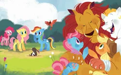 Size: 2375x1473 | Tagged: safe, artist:zoe persico, derpibooru import, official, applejack, bulk biceps, cup cake, fluttershy, manny roar, pinkie pie, rainbow dash, big cat, bird, bull, earth pony, lion, manticore, pegasus, pony, rabbit, fluttershy's ferocious friend!, animal, applejack's hat, book, cowboy hat, female, flower, g4, hat, hug, image, jpeg, little golden book, male, mare, stallion, tree