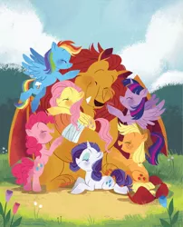 Size: 1188x1472 | Tagged: safe, artist:zoe persico, derpibooru import, official, applejack, fluttershy, manny roar, pinkie pie, rainbow dash, rarity, twilight sparkle, twilight sparkle (alicorn), alicorn, big cat, earth pony, lion, manticore, pegasus, pony, unicorn, fluttershy's ferocious friend!, applejack's hat, bipedal, book, cowboy hat, female, flower, g4, hat, hug, image, jpeg, little golden book, male, mane six, mare, tree