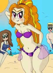 Size: 2486x3416 | Tagged: suggestive, artist:ewrrfb, derpibooru import, adagio dazzle, oc, human, equestria girls, adagio dat-azzle, beach, beach towel, beach umbrella, bikini, blonde, blonde hair, blue eyes, blushing, brown hair, brunette, clothes, drool, green eyes, image, lip bite, magenta eyes, muscles, ocean, one-piece swimsuit, orange hair, png, pose, sand, seashell, seductive, sky, sun, sunglasses, sunglasses on head, swimming trunks, swimsuit, thighs, thunder thighs, towel, umbrella, water, wide hips