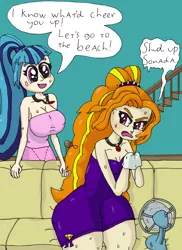 Size: 2550x3501 | Tagged: safe, artist:ewrrfb, derpibooru import, adagio dazzle, sonata dusk, human, equestria girls, allergies, breasts, busty sonata dusk, couch, dialogue, handkerchief, image, indoors, jewelry, magenta eyes, pendant, png, snot, speech bubble, stairs, sweat, wide hips