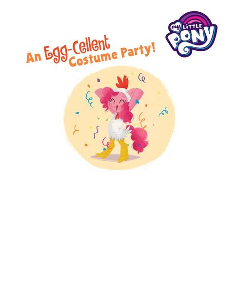 Size: 1134x1406 | Tagged: safe, artist:leire martin, derpibooru import, official, pinkie pie, earth pony, pony, an egg-cellent costume party, animal costume, book, chicken suit, clothes, confetti, costume, female, g4, image, jpeg, little golden book, mare, my little pony logo, nightmare night, text