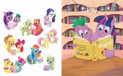 Size: 2268x1406 | Tagged: safe, artist:leire martin, derpibooru import, official, angel bunny, applejack, big macintosh, carrot cake, cup cake, derpy hooves, fluttershy, pinkie pie, pound cake, pumpkin cake, rainbow dash, rarity, scootaloo, spike, sweetie belle, twilight sparkle, twilight sparkle (alicorn), alicorn, dragon, earth pony, pegasus, pony, rabbit, unicorn, an egg-cellent costume party, animal, applejack's hat, book, bookshelf, cake family, clothes, colt, costume, cowboy hat, female, filly, g4, hat, image, jpeg, little golden book, male, mane seven, mane six, mare, married couple, siblings, sisters, stallion, text, the cakes, twins