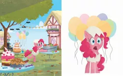 Size: 2268x1406 | Tagged: safe, artist:leire martin, derpibooru import, official, pinkie pie, earth pony, pony, an egg-cellent costume party, apple, apple bobbing, balloon, book, bucket, cake, clothes, costume, cutie mark, cutie mark on clothes, eggshell, female, food, g4, image, jpeg, little golden book, mare, pie, ponyville, solo, tree