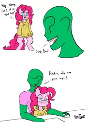 Size: 2784x3819 | Tagged: safe, artist:datzigga, derpibooru import, pinkie pie, oc, oc:anon, earth pony, human, pony, bipedal, breaking the fourth wall, comic, dialogue, image, implied wetting, looking at you, png, sitting on lap, smiling, smirk