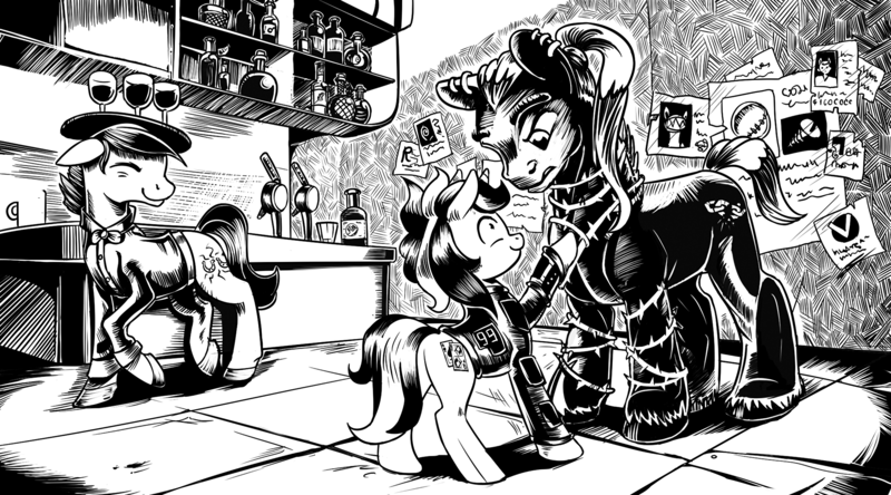 Size: 4256x2364 | Tagged: safe, artist:lexx2dot0, derpibooru import, oc, oc:blackjack, unofficial characters only, pony, unicorn, fallout equestria, fallout equestria: project horizons, black and white, clothes, duo, fanfic art, grayscale, horn, image, monochrome, pipbuck, png, small horn, vault security armor, vault suit