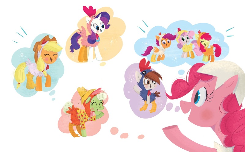 Size: 2268x1406 | Tagged: safe, artist:leire martin, derpibooru import, official, apple bloom, applejack, granny smith, pinkie pie, pipsqueak, rarity, scootaloo, sweetie belle, earth pony, pegasus, pony, unicorn, an egg-cellent costume party, animal costume, applejack's hat, book, chicken suit, clothes, colt, costume, cowboy hat, cutie mark crusaders, eggshell, female, filly, g4, hat, image, jpeg, little golden book, male, mare, nightmare night, scootachicken