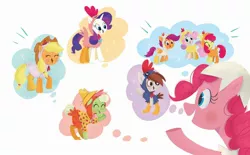 Size: 2268x1406 | Tagged: safe, artist:leire martin, derpibooru import, official, apple bloom, applejack, granny smith, pinkie pie, pipsqueak, rarity, scootaloo, sweetie belle, earth pony, pegasus, pony, unicorn, an egg-cellent costume party, animal costume, applejack's hat, book, chicken suit, clothes, colt, costume, cowboy hat, cutie mark crusaders, eggshell, female, filly, g4, hat, image, jpeg, little golden book, male, mare, nightmare night, scootachicken