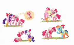 Size: 2268x1406 | Tagged: safe, artist:leire martin, derpibooru import, official, fluttershy, pinkie pie, rainbow dash, rarity, twilight sparkle, twilight sparkle (alicorn), alicorn, earth pony, pegasus, pony, unicorn, an egg-cellent costume party, animal costume, book, chicken suit, clothes, costume, crown, cutie mark, cutie mark on clothes, eggshell, element of magic, female, g4, image, jewelry, jpeg, little golden book, mare, nightmare night, regalia