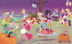 Size: 2268x1406 | Tagged: safe, artist:leire martin, derpibooru import, official, angel bunny, apple bloom, applejack, carrot cake, cup cake, derpy hooves, fluttershy, pinkie pie, rainbow dash, rarity, scootaloo, spike, sweetie belle, twilight sparkle, twilight sparkle (alicorn), vinyl scratch, alicorn, dragon, earth pony, pegasus, pony, rabbit, unicorn, an egg-cellent costume party, animal, applejack's hat, balloon, book, clothes, costume, costume party, cowboy hat, crown, cutie mark crusaders, element of magic, female, filly, g4, hat, image, jewelry, jpeg, little golden book, loudspeaker, male, mane seven, mane six, mare, married couple, night, nightmare night, pumpkin, regalia, scootachicken, stallion, the cakes, turntable