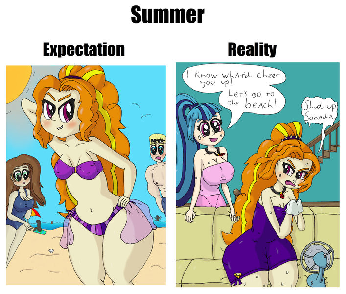 Size: 5386x4570 | Tagged: suggestive, alternate version, artist:ewrrfb, derpibooru import, adagio dazzle, sonata dusk, oc, equestria girls, allergies, beach, bikini, clothes, drool, handkerchief, image, indoors, jewelry, meme, one-piece swimsuit, pendant, png, sand, seashell, snot, stairs, sunglasses, sweat, swimsuit, water