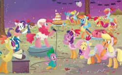 Size: 2268x1406 | Tagged: safe, artist:leire martin, derpibooru import, official, apple bloom, applejack, big macintosh, carrot cake, cup cake, fluttershy, pinkie pie, pipsqueak, rainbow dash, rarity, scootaloo, spike, sweetie belle, twilight sparkle, twilight sparkle (alicorn), vinyl scratch, alicorn, dragon, earth pony, pegasus, pony, unicorn, an egg-cellent costume party, animal costume, applejack's hat, book, bucket, cake, chicken suit, clothes, colt, costume, costume party, cowboy hat, crown, cutie mark, cutie mark crusaders, cutie mark on clothes, eggshell, element of magic, female, filly, food, g4, halloween, hat, holiday, image, jack-o-lantern, jewelry, jpeg, little golden book, male, mane seven, mane six, mare, married couple, microphone, night, nightmare night, pumpkin, regalia, scootachicken, singing, table, the cakes, turntable