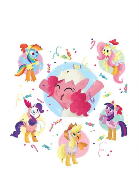 Size: 1134x1406 | Tagged: safe, artist:leire martin, derpibooru import, official, applejack, fluttershy, pinkie pie, rainbow dash, rarity, twilight sparkle, twilight sparkle (alicorn), alicorn, earth pony, pegasus, pony, unicorn, an egg-cellent costume party, animal costume, applejack's hat, book, candy, candy cane, chicken suit, clothes, confetti, costume, cowboy hat, crown, eggshell, element of magic, female, food, g4, hat, image, jewelry, jpeg, little golden book, mane six, mare, regalia