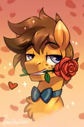 Size: 2000x3000 | Tagged: safe, artist:jedayskayvoker, derpibooru import, oc, oc:ballroom blitz, pegasus, pony, bowtie, bust, flower, flower in mouth, gradient background, icon, image, looking at you, male, mouth hold, png, portrait, rose, rose in mouth, sketch, solo, sparkles, stallion