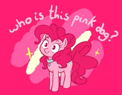 Size: 589x460 | Tagged: safe, artist:breezietype, derpibooru import, pinkie pie, earth pony, pony, behaving like a dog, collar, female, image, mare, pet tag, png, puppy pie, smiling, solo, sparkles