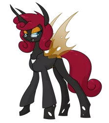 Size: 1627x1828 | Tagged: safe, artist:moonatik, derpibooru import, changeling queen oc, oc, unofficial characters only, changeling, changeling queen, clothes, commission, eyeshadow, fangs, female, image, jacket, makeup, png, raised hoof, simple background, solo, transparent background, wings