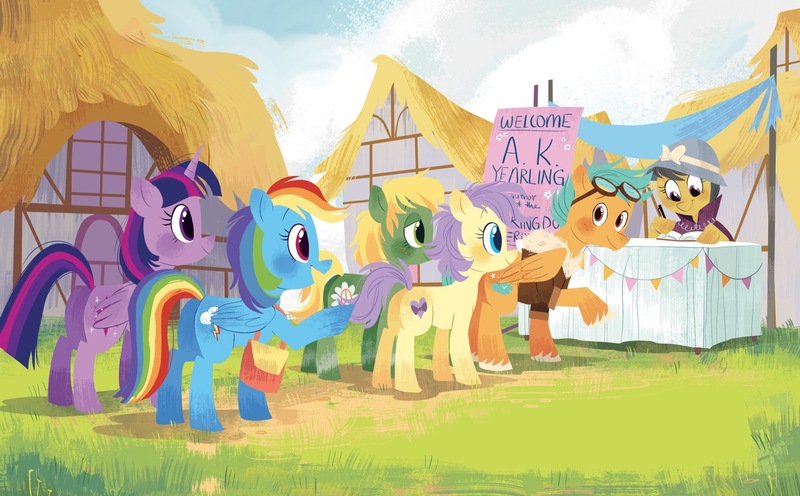 Size: 2268x1406 | Tagged: safe, artist:zoe persico, derpibooru import, official, a.k. yearling, daring do, puddle jump, rainbow dash, twilight sparkle, twilight sparkle (alicorn), unnamed character, alicorn, earth pony, pegasus, pony, book, female, g4, goggles, image, jpeg, little golden book, male, mare, ponyville, queue, rainbow dash: reading rainboom, signing, stallion, text