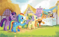 Size: 2268x1406 | Tagged: safe, artist:zoe persico, derpibooru import, official, a.k. yearling, daring do, puddle jump, rainbow dash, twilight sparkle, twilight sparkle (alicorn), unnamed character, alicorn, earth pony, pegasus, pony, book, female, g4, goggles, image, jpeg, little golden book, male, mare, ponyville, queue, rainbow dash: reading rainboom, signing, stallion, text