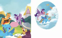 Size: 2268x1406 | Tagged: safe, artist:zoe persico, derpibooru import, official, a.k. yearling, daring do, puddle jump, rainbow dash, twilight sparkle, twilight sparkle (alicorn), unnamed character, alicorn, pegasus, pony, book, cloud, cloudsdale, female, flag, g4, image, jpeg, little golden book, mare, on a cloud, ponyville, rainbow dash: reading rainboom
