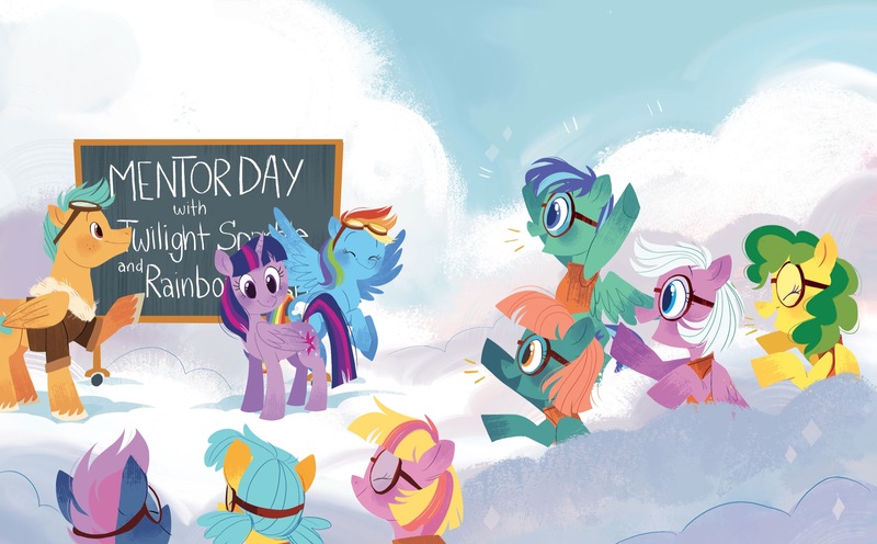 Size: 2268x1406 | Tagged: safe, artist:zoe persico, derpibooru import, official, puddle jump, rainbow dash, twilight sparkle, twilight sparkle (alicorn), unnamed character, alicorn, pegasus, pony, book, chalkboard, cloud, cloudsdale, female, filly, flight camp, g4, goggles, image, jpeg, junior speedsters, little golden book, male, mare, on a cloud, rainbow dash: reading rainboom, stallion, text