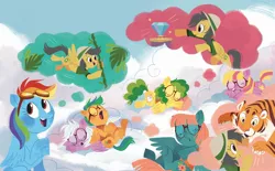 Size: 2268x1406 | Tagged: safe, artist:zoe persico, derpibooru import, official, daring do, puddle jump, rainbow dash, big cat, pegasus, pony, tiger, book, cloud, cloudsdale, diamond, female, filly, flight camp, g4, hat, hoof hold, image, jpeg, junior speedsters, little golden book, male, mare, on a cloud, rainbow dash: reading rainboom, sleeping, stallion, thought bubble, vine
