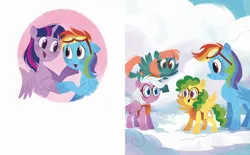 Size: 2268x1406 | Tagged: safe, artist:zoe persico, derpibooru import, official, rainbow dash, twilight sparkle, twilight sparkle (alicorn), unnamed character, alicorn, pegasus, pony, book, cloud, cloudsdale, female, filly, flight camp, g4, goggles, image, jpeg, junior speedsters, little golden book, mare, on a cloud, rainbow dash: reading rainboom