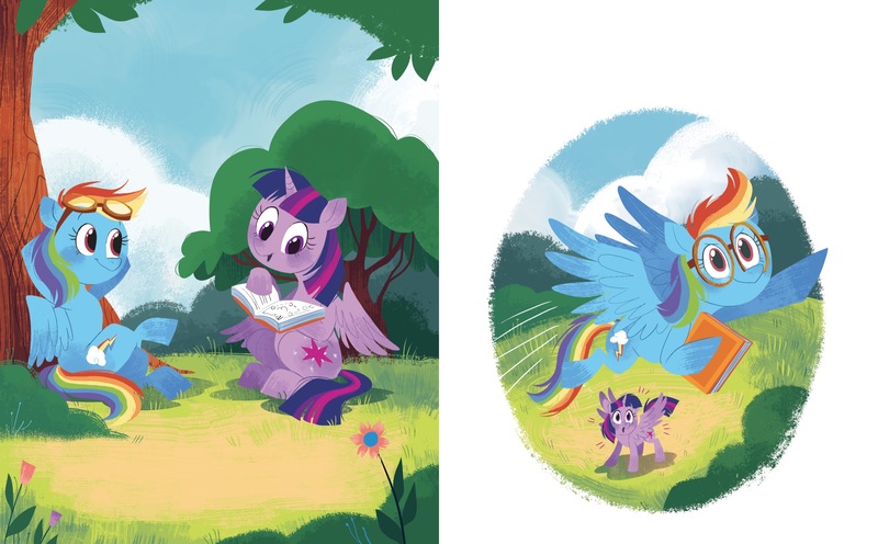 Size: 2268x1406 | Tagged: safe, artist:zoe persico, derpibooru import, official, rainbow dash, twilight sparkle, twilight sparkle (alicorn), alicorn, pegasus, pony, book, cloud, female, flower, flying, g4, image, jpeg, little golden book, mare, rainbow dash: reading rainboom, reading, tree