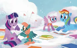 Size: 2268x1406 | Tagged: safe, artist:zoe persico, derpibooru import, official, rainbow dash, twilight sparkle, twilight sparkle (alicorn), unnamed character, alicorn, pegasus, pony, book, cloud, cloudsdale, female, filly, flag, flight camp, g4, goggles, image, jpeg, junior speedsters, little golden book, mare, on a cloud, rainbow dash: reading rainboom