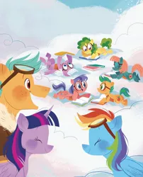 Size: 1134x1406 | Tagged: safe, artist:zoe persico, derpibooru import, official, puddle jump, rainbow dash, twilight sparkle, twilight sparkle (alicorn), unnamed character, alicorn, pegasus, pony, book, cloud, cloudsdale, female, filly, flight camp, g4, goggles, image, jpeg, junior speedsters, little golden book, male, mare, on a cloud, rainbow dash: reading rainboom, reading, stallion