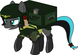 Size: 825x585 | Tagged: safe, artist:cinder vel, derpibooru import, oc, earth pony, pony, boots, canteen, clothes, crossover, female, guardsman, image, imperial guard, mare, png, purity seal, shoes, simple background, transparent background, warhammer (game), warhammer 40k