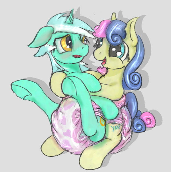 Size: 709x710 | Tagged: suggestive, artist::snowfrost, derpibooru import, bon bon, lyra heartstrings, sweetie drops, earth pony, pony, unicorn, blushing, diaper, diaper fetish, diaper sharing, female, females only, fetish, hug, image, lesbian, lyrabon, open mouth, open smile, png, poofy diaper, shipping, smiling